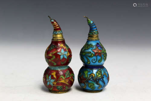 A Pair of Chinese Enameled Metal Snuff Bottles