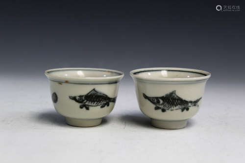 Pair of Chinese Blue and White Porcelain Cups.