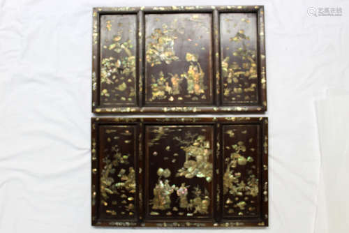 Pair of Chinese carved wood panel with mother of pearl inlaid.