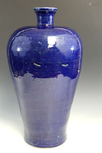 Huge Chinese blue glaze porcelain Meiping vase.