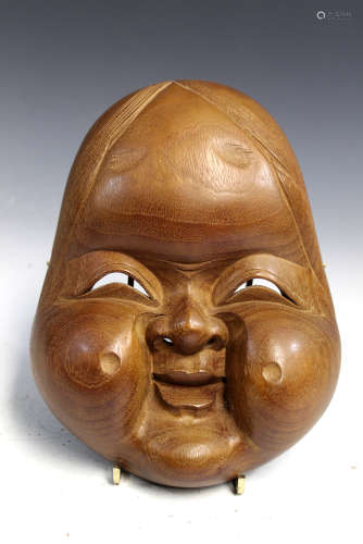 Antique Japanese carved wood Okame (Female) mask.