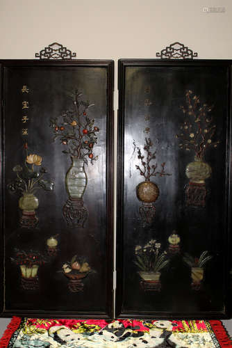 Pair of Chinese wood panel with carved jade and stone decoration.