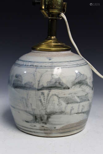 Chinese blue and white jar, made into a lamp.