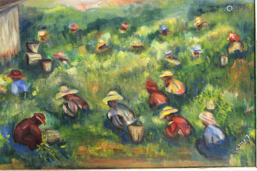 Harvesting. Oil painting on board. Signed.