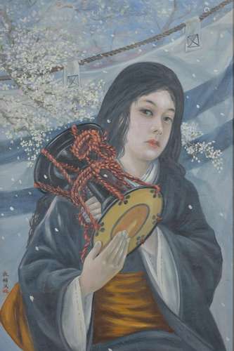 A large framed 20th century Japanese painting on board of a girl holding a drum walking under a blos