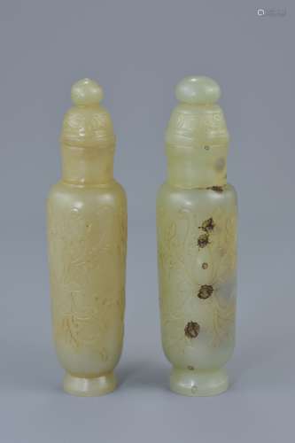 Two Chinese celadon and brown cylindrical pots with covers. With incised decoration . 13.5cm height