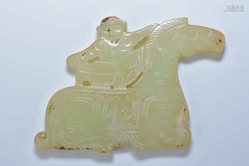 A Chinese jade pendant caved with a monkey on a horse. 7.5cm length