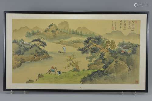 A large framed and glazed Chinese painting on silk dated 1981 of man running with horse, fishing boa