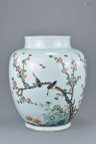 Chinese Porcelain 18th century Famille Verte Jar with flat base decorated with birds in tree, 30cms