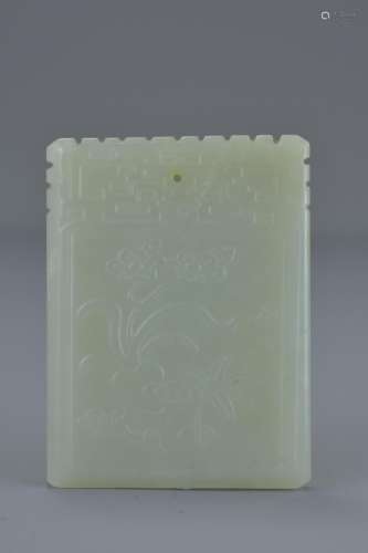 Chinese Hetian Jade Plaque carved with a display of flowers to one side and inscription of poem to t
