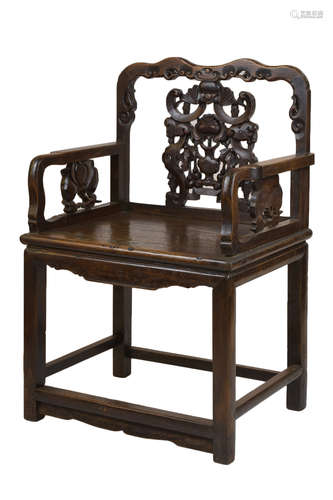 A 19th century Chinese hardwood armchair with bats and 'Shou' character decoration'. Seat size 61cm