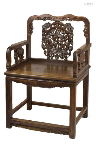 A 19th century Chinese hardwood armchair with animal decorations. Seat size 61cm width