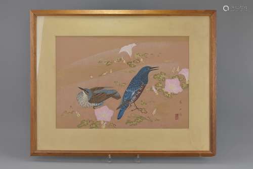 A framed and glazed Chinese early 20th century watercolour and gouache painting of birds. Signed bot