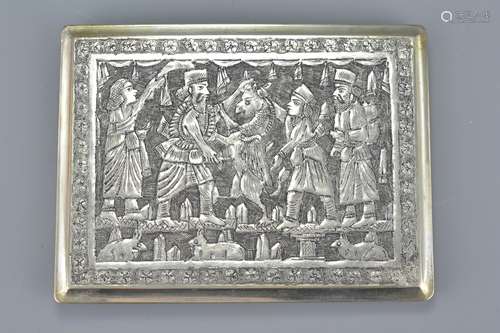 Persian White Metal Card Case with intricate decoration of figures and flowers, 10.5cms long