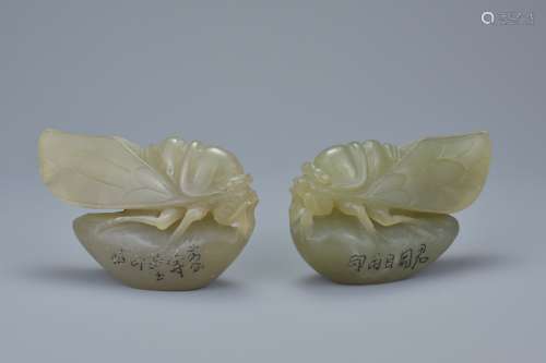 Pair of Chinese 19th century Jade Seals in the form of Crickets with inscription, 8cms long (2)