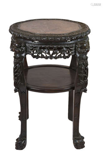 A quality and large 19th century Chinese hardwood jardiniere stand with marble top insert carved dec