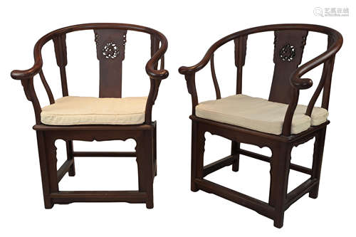 Pair of Chinese Hardwood Horseshoe Chairs with Cushions, each 76cms wide x 103cms high (2)