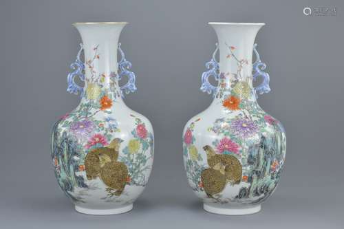 Pair of Chinese Porcelain Republic Period Famille Rose Vases decorated with Quail in a Landscape, be