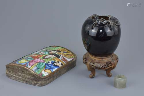 A Chinese porcelain and white metal box and cover decorated with figures. A black glazed porcelain j