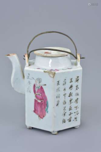 A Chinese late 19th century hexagonal shaped famille rose porcelain teapot and cover decorated with