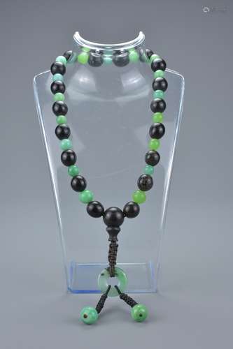 Chinese Jade and Zitan Wood Bead Necklace, approximately 40cms long