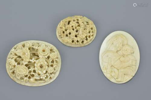 Two Chinese 19th century Carved Ivory Oval Panels with pierced carving in high relief, 5cms and 3cms