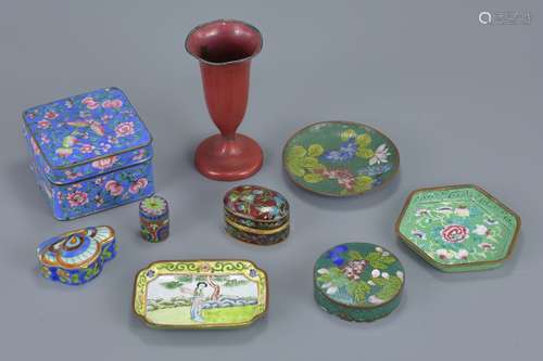 A group of nine Chinese cloisonné items to included a box and cover with dishes. Largest box 8.5cm x