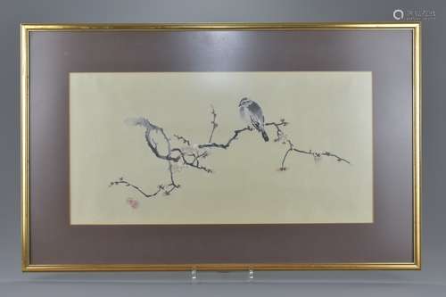 A Chinese fine embroidery on silk on bird in a blossom tree. Embroidered artists signature in double