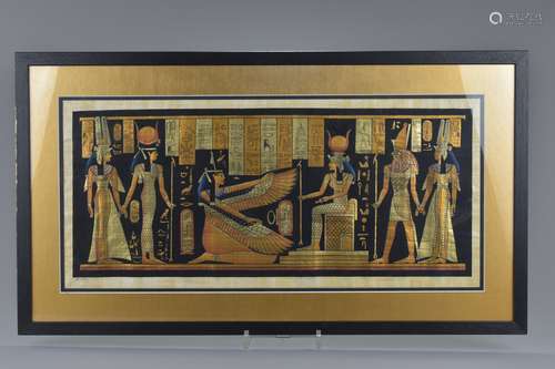 An Egyptian Papyrus painting on paper framed and glazed. Singed bottom left 'Essam' with certificate