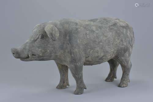 A Chinese Han Dynasty (206BC - 220AD) grey Pottery figure of a pig. 43cms long