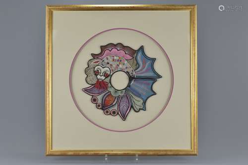 A well framed Chinese 20th century embroidered collar with fish design and tassel. Frame 50cm x 50cm