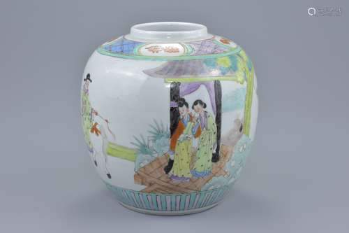 A Chinese porcelain ginger jar decorated with figures and horse. Four-character mark of Qianlong to