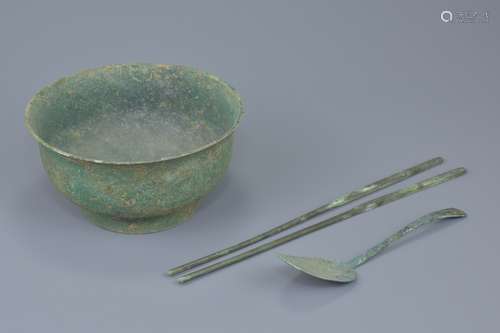 Korean Koryo Dynasty Bronze Bowl, Spoon & Chopsticks Dating to the 13th century (Koryo Dynasty AD 91