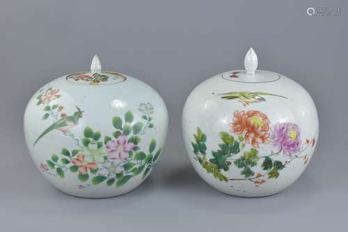 Two large Chinese Republic period famille rose porcelain jars and cover decorated with bird and flow