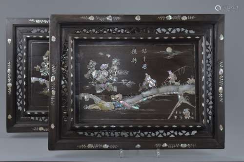 A pair of Chinese hardwood panels decorated with mother-of-pearl inlay. 37.5cm x 48.5cm