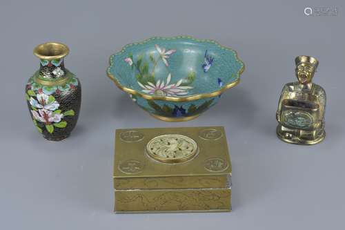 Collection of Four Items to include a Chinese Brass Box with Carved Stone Panel, Cloisonné Bowl, 15c