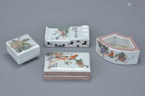 Chinese Republic period porcelain desk items including a water pot, brush rest, ink box and ink grin