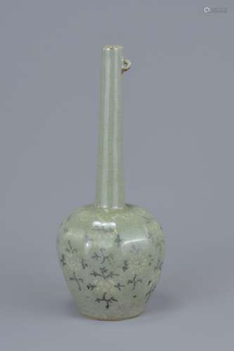 Korean Celadon long neck Bottle Vase with floral pattern decoration, 16cms high