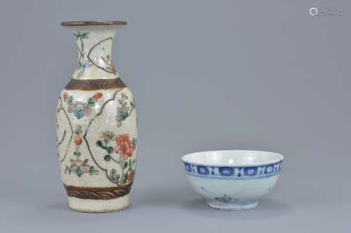 A Chinese Ming dynasty blue and white porcelain bowl together with a 19th century porcelain crackle