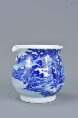 A quality 18th century or later Chinese pot with shallow spout painted with horse drinking water. Si