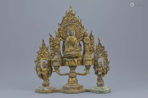 A Chinese gilt bronze shrine of Buddha and followers. 28.5cm tall x 24cm width. Weight 2908 grams