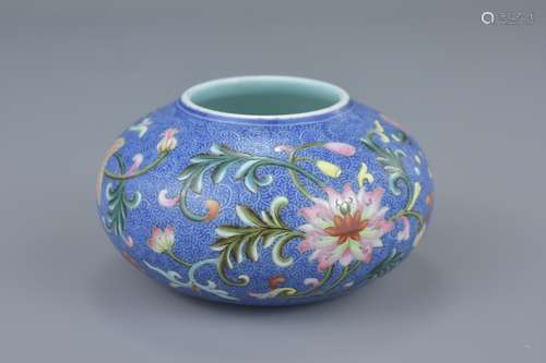 Chinese Famille Rose porcelain Brush Washer Blue Ground and gold gilding to the foot rim, bearing si