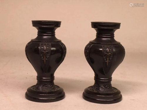 Pair Japanese BronzeMiniture Vases with Go…