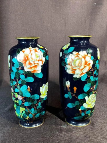 Pair Japanese Gimbari Cloisonne Vase - Floral