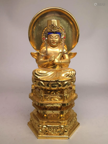 Japanese Wood Kuanyin with Gold Lacquer - 9.75