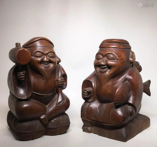 Pair Japanese carved Wood Figurines