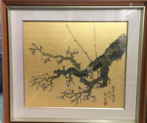 Japanese Water Color on Gold Paper - Plum Blossom
