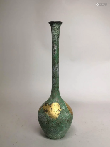Japanese Bronze Long neck Vase with Parcel Gilt