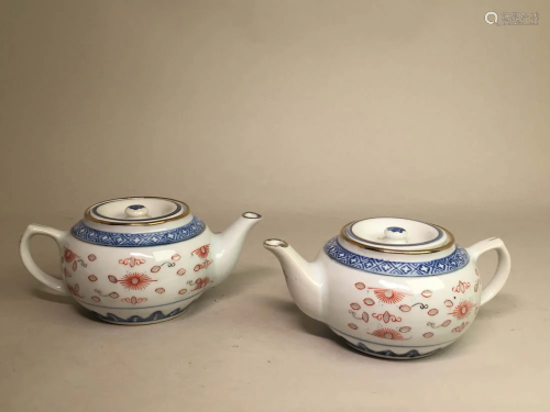 Pair Chinese Porcelain Rice Grain Teapots