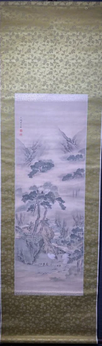 Japanese Scroll Painting on Silk - Crane in Mountain
